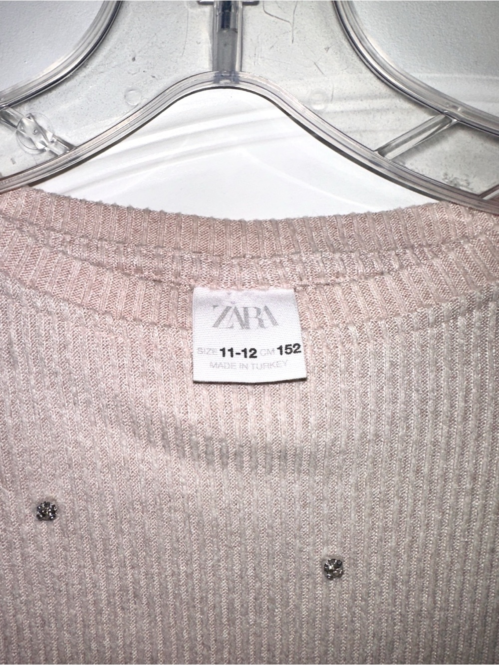 ZARA Women’s Pale Pink Crewneck Sweater with Rhinestone Accents - Size 11-12